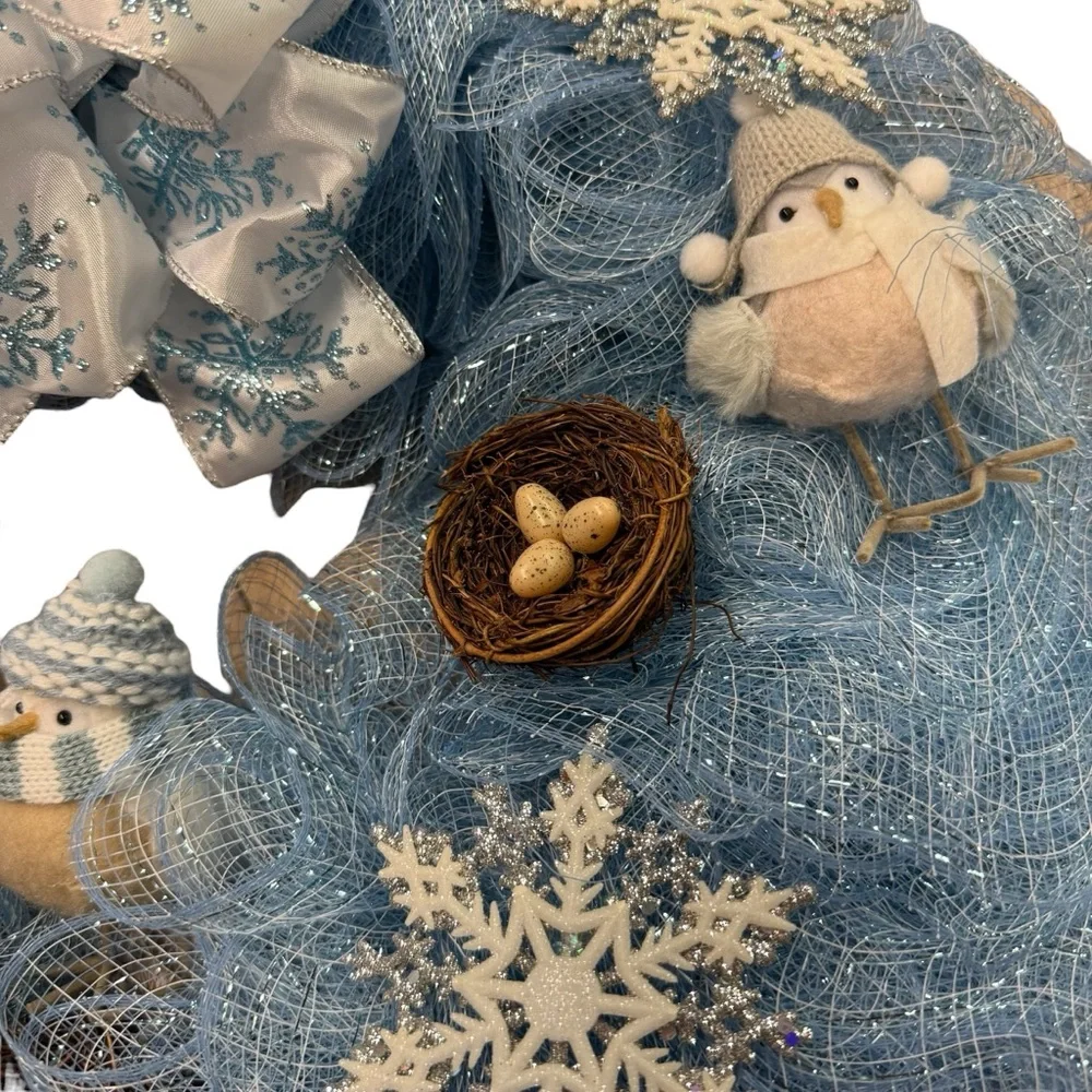 Handmade Winter Bird Deco Mesh Wreath Blue, White & Snowflake Decor 21